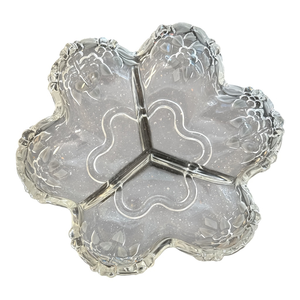 Carmen Crystal Glass Divided Serving Tray, 10.75 Inches, 3 Section Floral Design